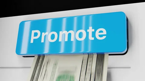 Blue button "Promote" with falling money. 3D-Render. 4k 3840x2160, 30 FPS. Stock Footage 144539639