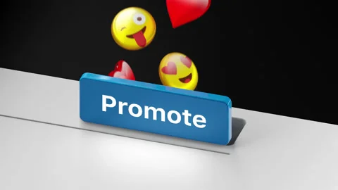 Blue button "Promote" with flying emoji. 3D-Render. 4k 3840x2160, 30 FPS. Stock Footage 144539733