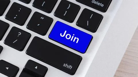Blue button with text Join on laptop keyboard Stock Photos