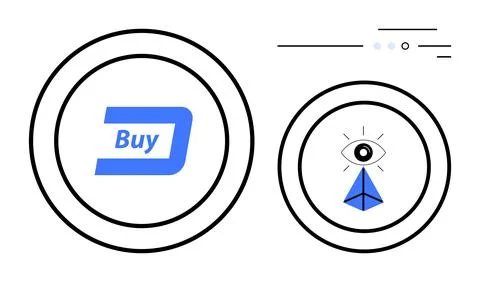 Blue Buy button and abstract eye with pyramid in circular frames, linear acce Illustrazione stock