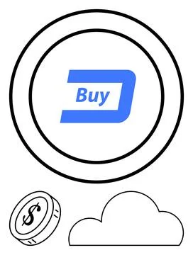 Blue Buy Button on Circular Digital Interface with Coin and Cloud Elements Stock Illustration
