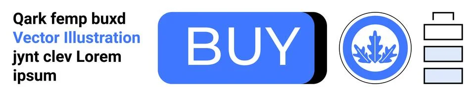 Blue BUY button, circular shield icon with leaf motif, and three horizontal p Ilustración de archivo