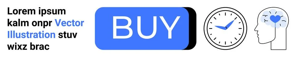Blue BUY button, clock showing 1010, and human head with heart and network. I イラスト素材