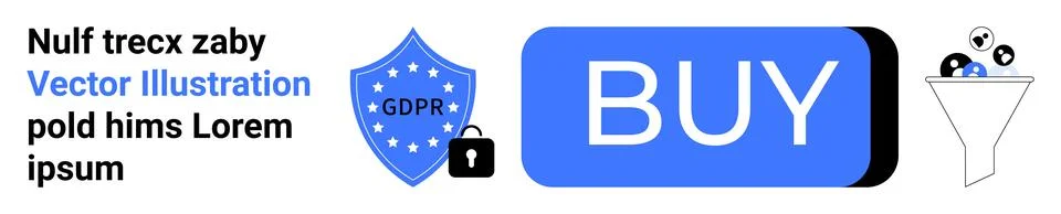 Blue BUY button, GDPR shield with padlock, funnel with icons. Ideal for e-com Stock Illustration