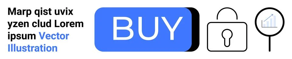 Blue BUY button, lock icon symbolizing security, magnifying glass with graph  Stock Illustration
