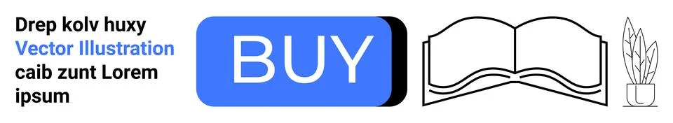 Blue buy button, an open book, potted plant, and placeholder text. Ideal for  Stockillustratie