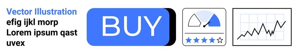 Blue BUY button, rating system with triangle dial and stars, financial chart  Stock Illustration