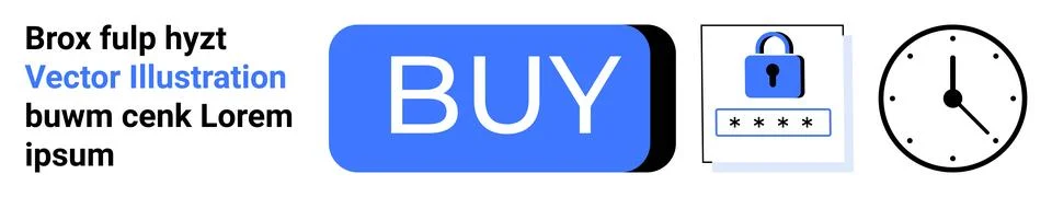 Blue BUY button, secure lock with password, and analog clock. Ideal for e-com イラスト素材