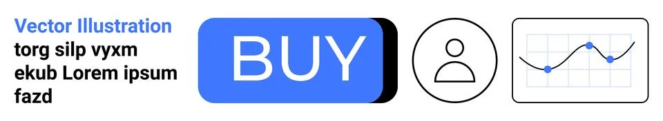 Blue buy button, user profile icon, and line chart with data points. Ideal fo Stock Illustration