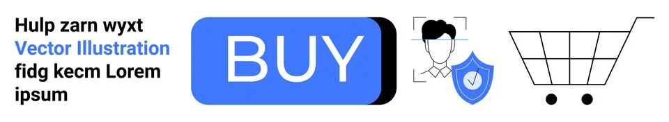 Blue BUY button, user profile with security shield, and shopping cart symbol. Illustrazione stock