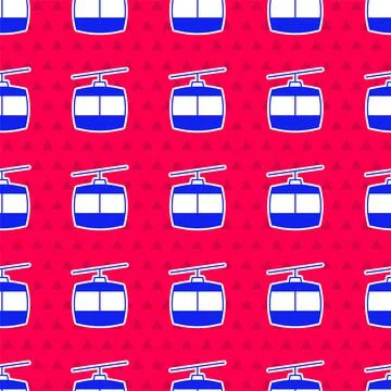 Blue Cable car icon isolated seamless pattern on red background. Funicular sign Stock Illustration