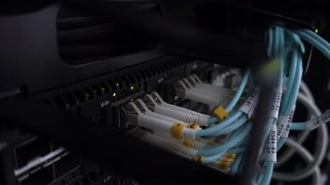 Blue Cables connected to data center. Close up. Side view 스톡 동영상 130495283
