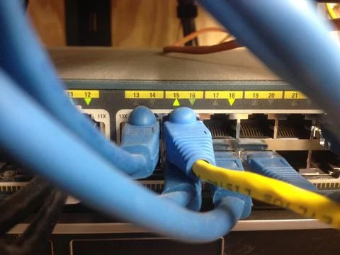Blue Cables Going to Network Switch, IT Data Wires Stock Photos