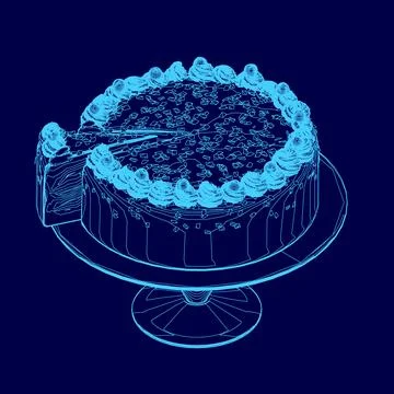Blue cake with a slice missing sits on a blue plate. The cake is decorated with Stock Illustration