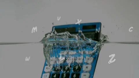 Blue calc falling into water making crown splash sinking, white sketch letters Stock Footage 330393494