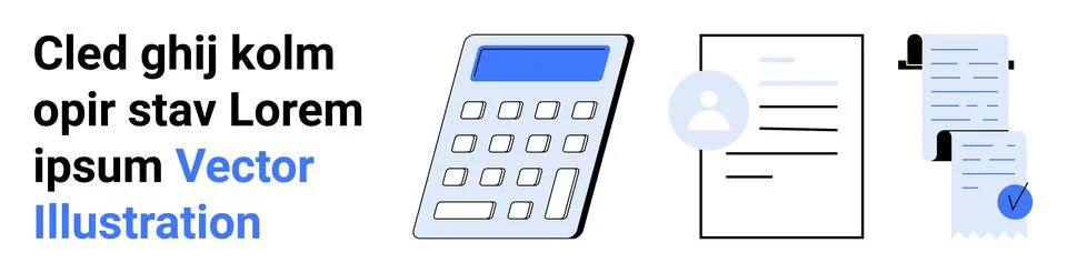 Blue calculator, profile document, approved papers symbolize office work and  Illustrazione stock