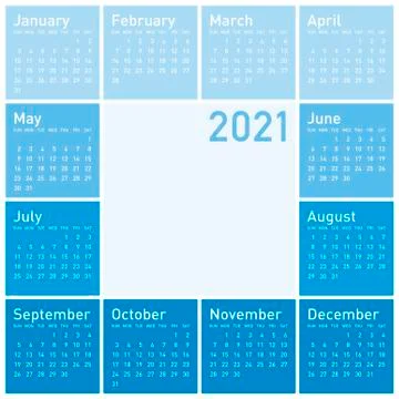 Blue Calendar for Year 2021, in vector format. Stock Illustration