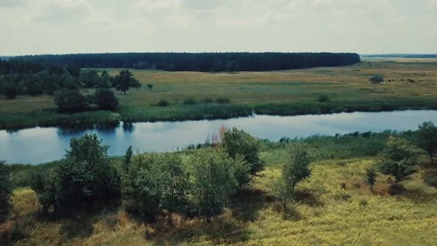 Blue calm river reflects white clouds green dense forests on horizon aerial view Stock Footage 112305701