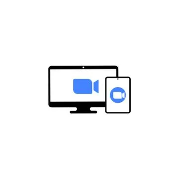 Blue camera icon. Conference video calls. Laptop, monitor and tablet icon on  Stock Illustration