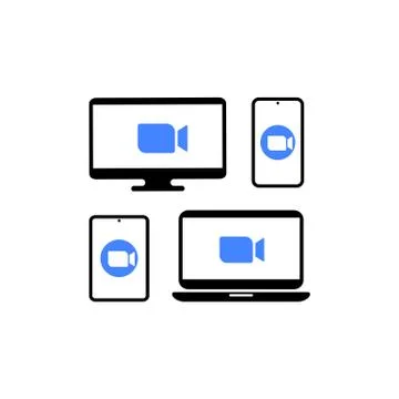 Blue camera icon. Devices with a video call. Monitor, tablet, smartphone, lap Stock Illustration