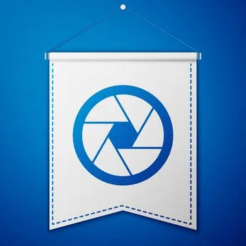 Blue Camera shutter icon isolated on blue background. White pennant templat.. 스톡 일러스트