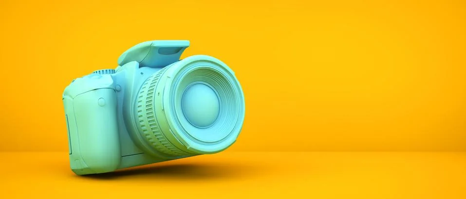 Blue camera on yellow background Stock Illustration