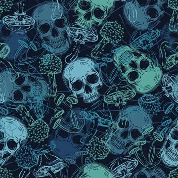 Blue camo pattern with human skulls, mushrooms Stock Illustration