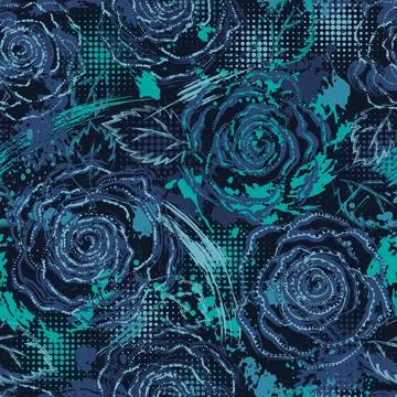 Blue camo pattern with roses, splattered paint Illustrazione stock