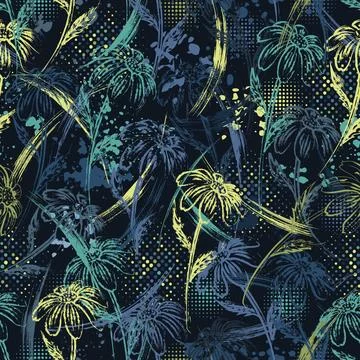 Blue camouflage pattern with chamomile flower Stock Illustration