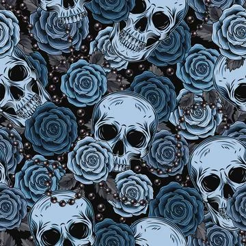 Blue camouflage pattern with human skull, roses Stock Illustration