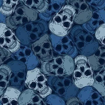 Blue camouflage pattern with human skulls. Illustrazione stock