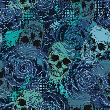 Blue camouflage pattern with skulls, roses Stock Illustration