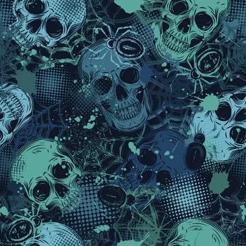 Blue camouflage pattern with skulls, spiderweb Stock Illustration