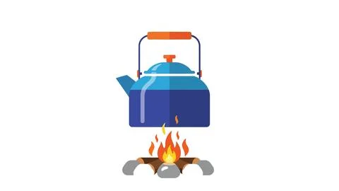 Blue camping kettle heating over campfire with stones for outdoor cooking a.. Ilustração Stock