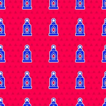 Blue Camping lantern icon isolated seamless pattern on red background. Happy Stock Illustration