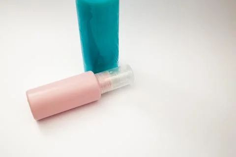 Blue can of shampoo on a white background Stock Photos