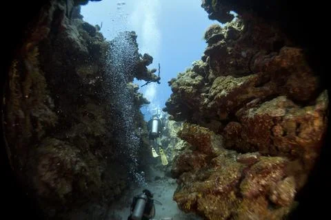 Into the Blue Canyon: Divers Exploring a Hidden Underwater Passage Фото