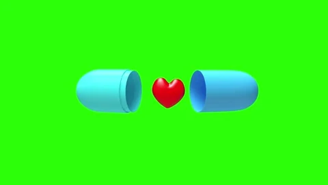 Blue capsule halves with red heart on green screen 3D animation. Видео 334684066