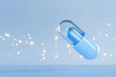 Blue capsule pill surrounded by sparkling light effects on a blue background Illustrazione stock