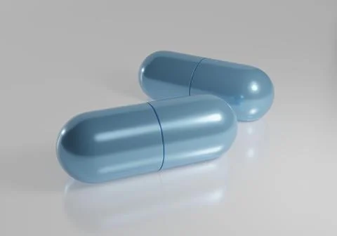 Blue capsule pills isolated on light background. 3D render Stock Illustration