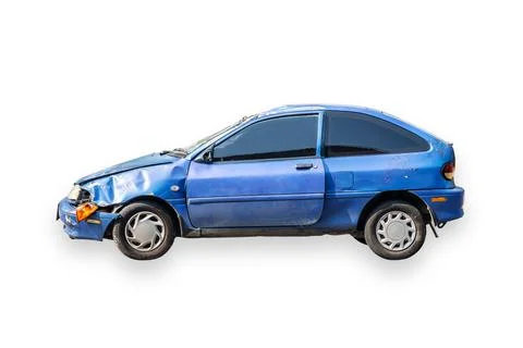 Blue car crash from car accident wait insurance isolated white background Stock Photos