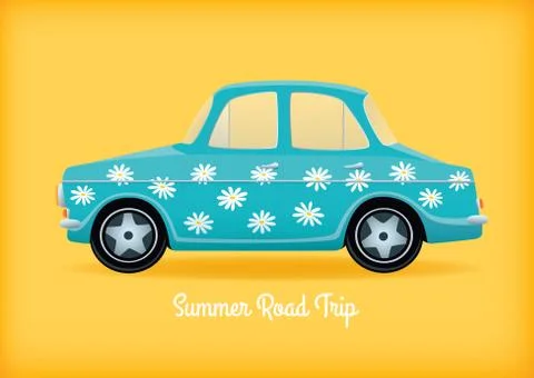 Blue car with daisies Stock Illustration