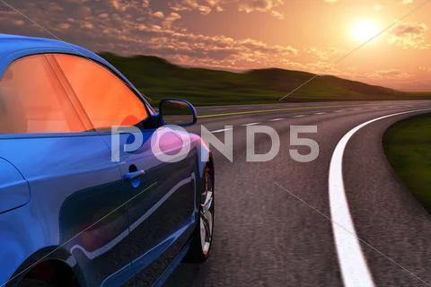 Blue car driving by autobahn in sunset with motion blur Stock Illustration