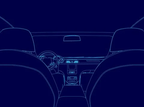Blue car interior with a steering wheel and a dashboard. Stock Illustration