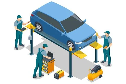 A blue car on an isometric two-post lift. Three mechanics in green coveralls use Stock Illustration