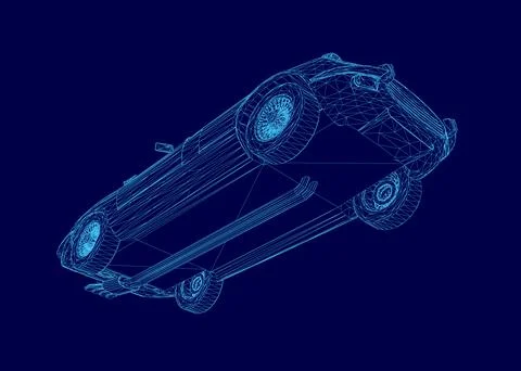 Blue car is shown in a 3D image. The car is upside down and he is in motion. The Stock Illustration