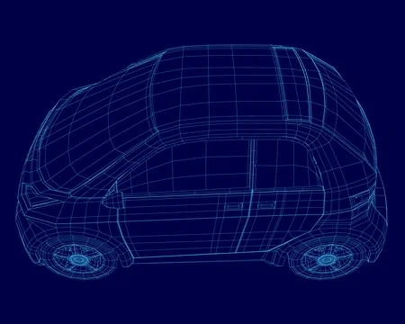 Blue car is shown in a 3D rendering. The car is a small, compact model with a Illustrazione stock