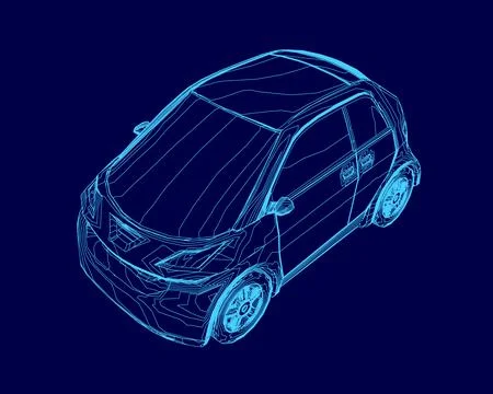 Blue car is shown in a 3D rendering. The car is a small, compact model with a Illustrazione stock