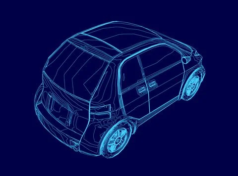 Blue car is shown in a blue background. The car is a small hatchback Stock Illustration