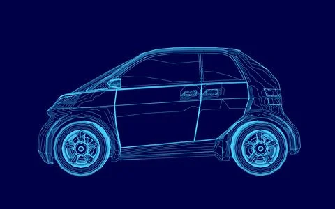 Blue car is shown in a computer generated image. The car is small and has a Stock Illustration